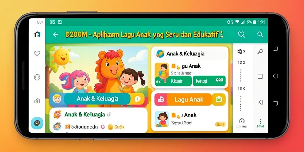Screenshot aplikasi D200M menunjukkan antarmuka Lagu Anak yang ramah anak.