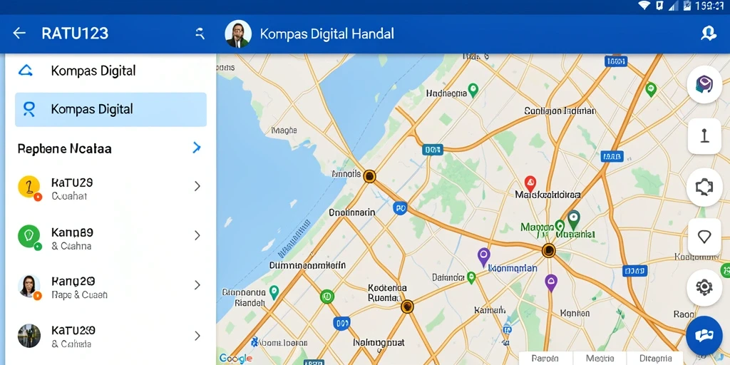 Antarmuka aplikasi RATU123 menampilkan kompas digital dengan informasi arah yang jelas.